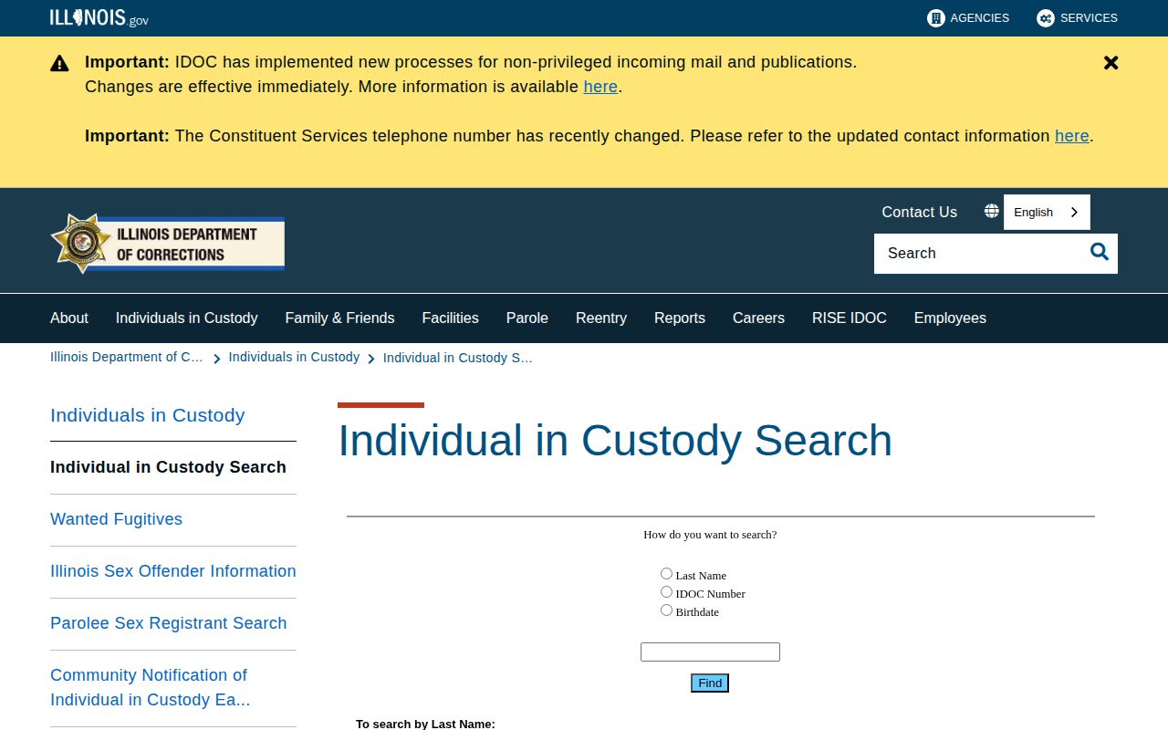 Illinois Department of Corrections search for Calhoun County state custody records