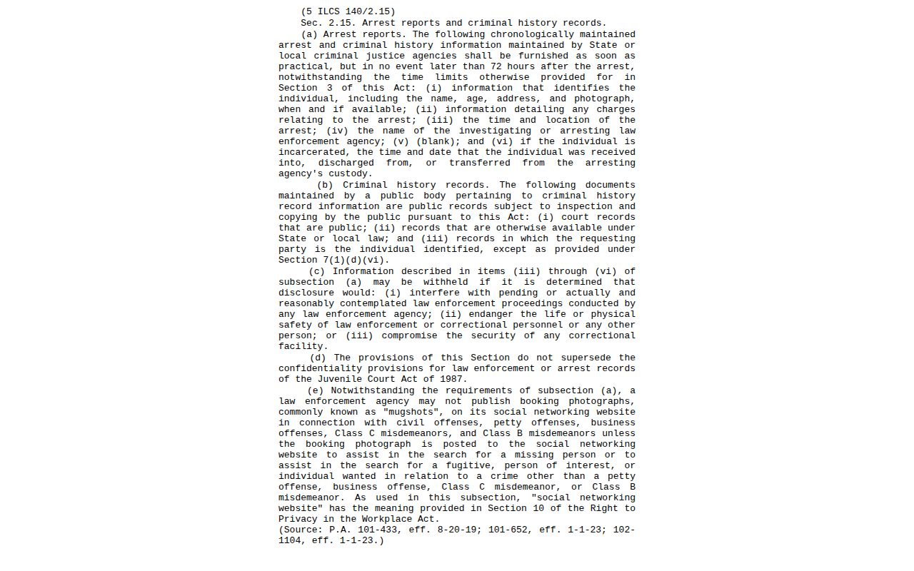 Illinois arrest-report statute for Calhoun County booking records